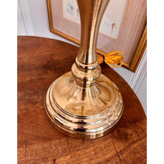 Metal Vintage Tall Heavy Brass Three Arm Bouillotte Lamps With Creamy Off White Pleated Shades - a Pair For Sale - Image 7 of 10