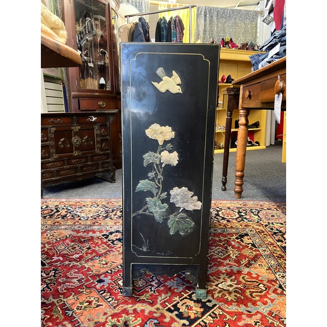 Black Antique Chinese Black Lacquer Cabinet W Jade Inlay of Bird & Floral Motif For Sale - Image 8 of 17