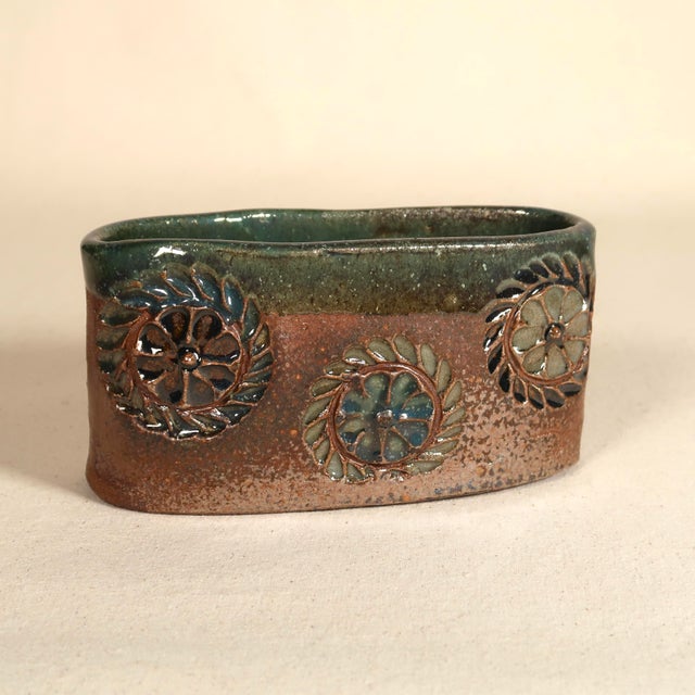 1970s 1970s Handcrafted Signed Studio Pottery Floral Relief Ceramic Vessel Cachepot in Earthy Brown & Green Glaze For Sale - Image 5 of 15