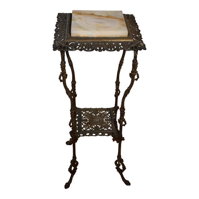 1900s Antique Victorian White Metal & Onyx Inset Two Tier Stand / Small Table For Sale
