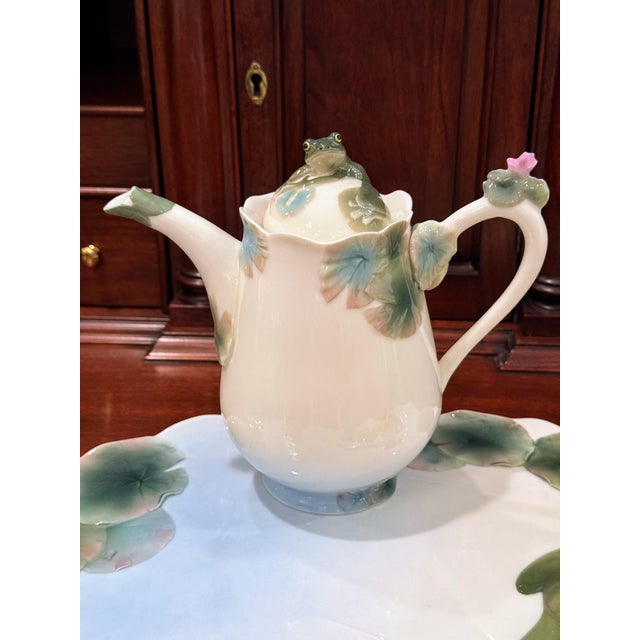 Art Nouveau Franz Porcelain "Amphibia" Frog Teapot Coffeepot, Discontinued, Pond Scene For Sale - Image 3 of 9