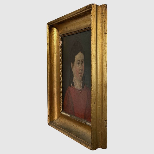 19th Century Danish Folk Art Portrait of Young Girl in Red Dress With Pearl Necklace (Oil on Board) For Sale - Image 11 of 12