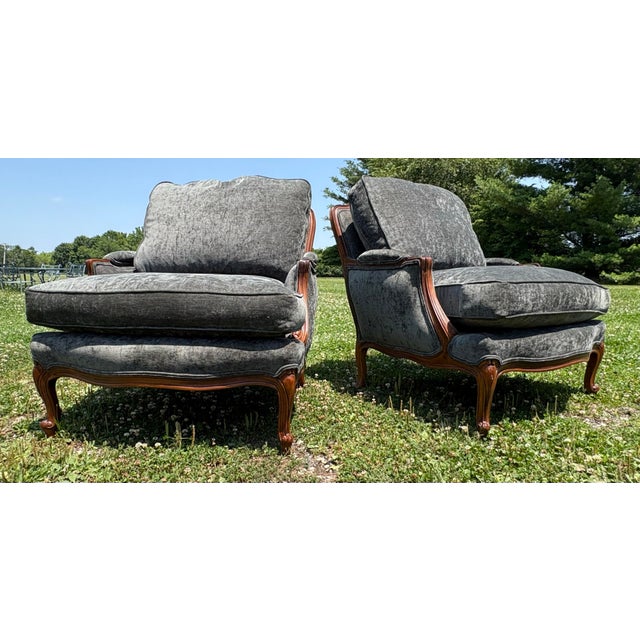 1980s Mid 20th Century Classic French Carved Walnut Bergere Club Chairs For Sale - Image 5 of 11