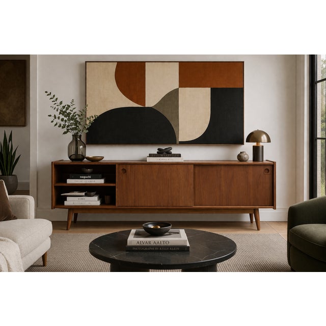 Modern Walnut Credenza / Media Console | Minimalist Sliding Door Sideboard For Sale - Image 4 of 7