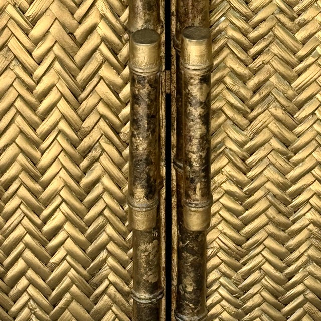 Wood 1970’s Faux Tortoiseshell Bamboo Herringbone Rattan Cabinet - Newly Painted For Sale - Image 7 of 12