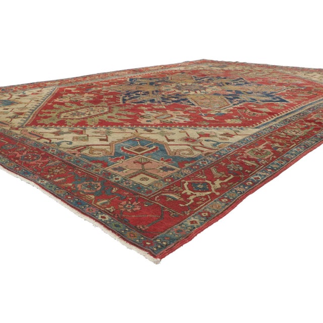 74972 Distressed Antique Persian Heriz Serapi Rug with Edwardian Manor House Style 09'05 X 12'04. This hand-knotted wool...
