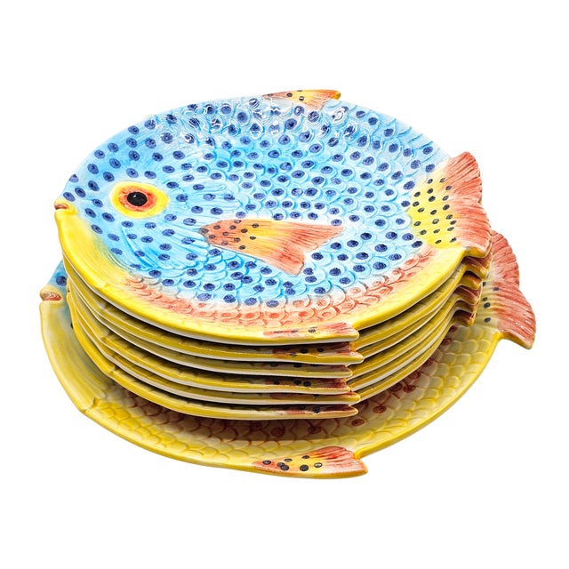 Hand Painted Majolica Zanolli Italian Fish Plates & Platter Set of 6 For Sale - Image 12 of 16