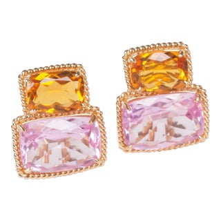 Christina Addison 18Kt Yellow Gold Large Two Stone Earring With Twisted Rope Border With Cushion Cut Faceted Orange Citrine and Pink Topaz. For Sale