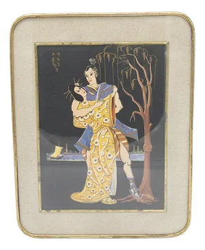 Framed Japanese Print Depicting Lovers' Dance, Early 1900s