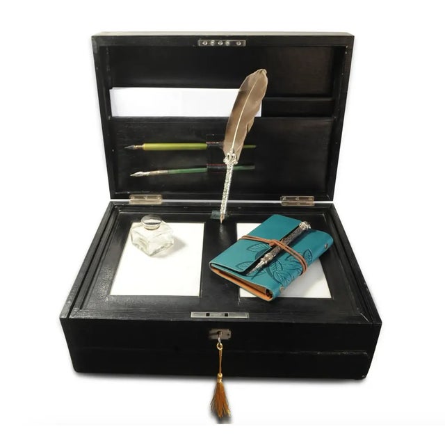 Victorian Glossy Black Leather Extending Correspondence Box / Writing Slope with Black Tooled Leather Interior SLOPE 30...