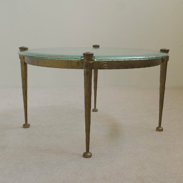 Brutalist Forged Round Coffee Table with Aquamarine Glass, 1980s For Sale - Image 3 of 8