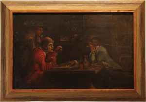 Dutch Tavern Scene with Dice Players, 17th Century, Oil on Wood, Framed