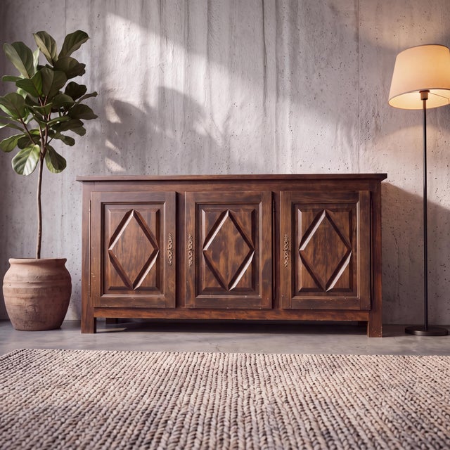 Wood Vintage French Brutalist Diamond-Point Sideboard, 1970s For Sale - Image 7 of 7