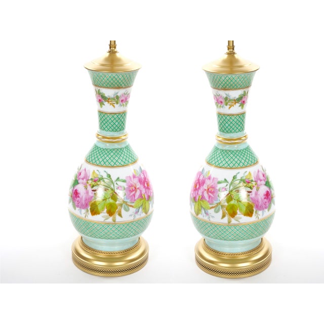 French Pair Neoclassical Floral Paris Porcelain Urns Mounted Lamps, Circa 1800 For Sale - Image 4 of 11