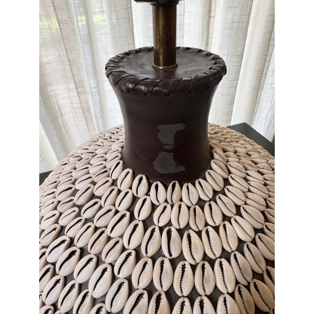 Off-white South Pacific Cowrie Shell Encrusted Table Lamps Ikat Style Shades - A Pair For Sale - Image 8 of 12