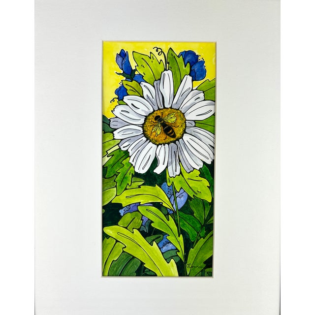 Framed. Watercolor fine art Giclee print of a painting of a daisy in my garden. Custom Framed as shown with black metal...