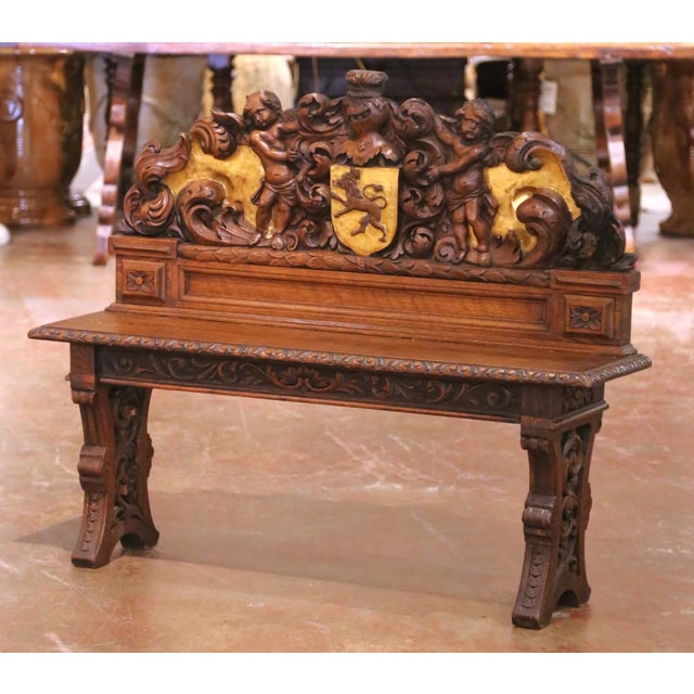 Wood 19th C. French Renaissance Carved Oak and Gilt Hall Bench With Heraldic Crest For Sale - Image 7 of 8