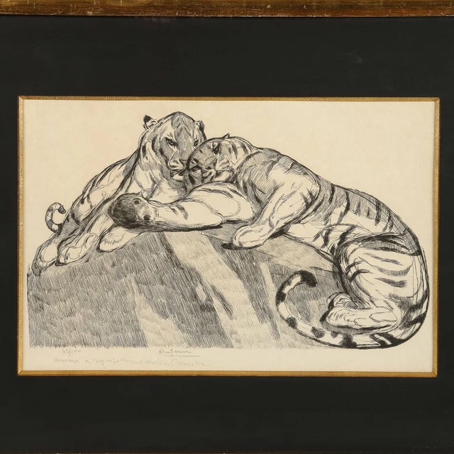 This original etching was executed by the master printmaker Paul Jouve in France, circa 1930. Entitled Tigers au...