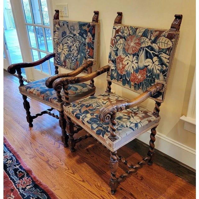 Baroque Antique Flemish Baroque Arm Chairs With 17th C Tapestry Upholstery - a Pair For Sale - Image 3 of 13