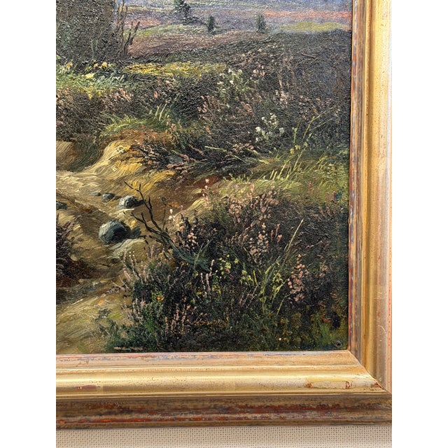 This beautiful oil on canvas is ready for your home! Across a dirt path and a expansive lush meadow, a light blue sky...