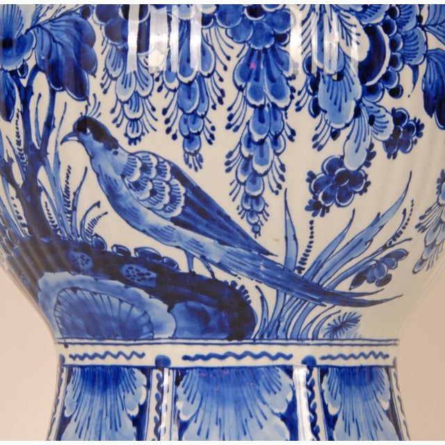 Ceramic Royal Delft Blue and White Baluster Vase Chinoiserie Flowers Birds Octagonal Base For Sale - Image 7 of 13