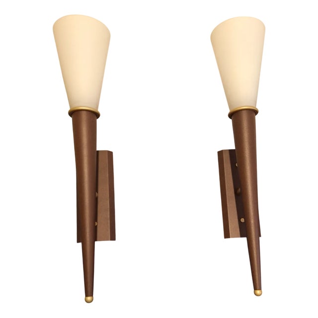 Vintage Wall Lamps with Brown Metal Frame and Opaque White Glass Shade from Wofi-Leuchten, Set of 2 For Sale