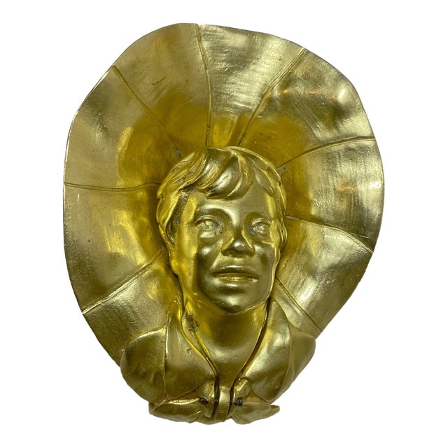 Share Antique Figural Gilt Brass Bronze American Boy With Hat Writing Inkwell Jar For Sale