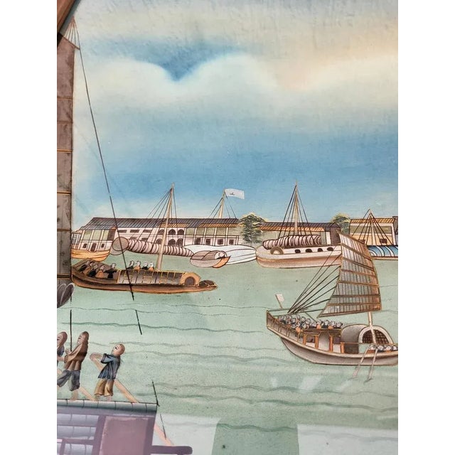 View of a Port in Asia, 20th Century, Reverse Glass Painting For Sale - Image 6 of 13