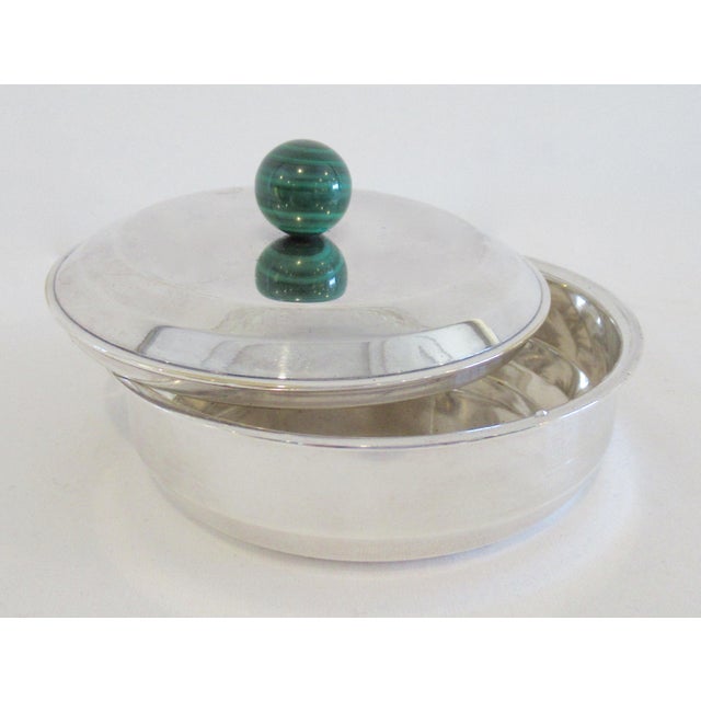 Jean Puiforcat Jean E. Puiforcat C.1920'a Art Deco Era Round Silver Malachite Finial Ball Handled Decorative Lidded Box For Sale - Image 4 of 9