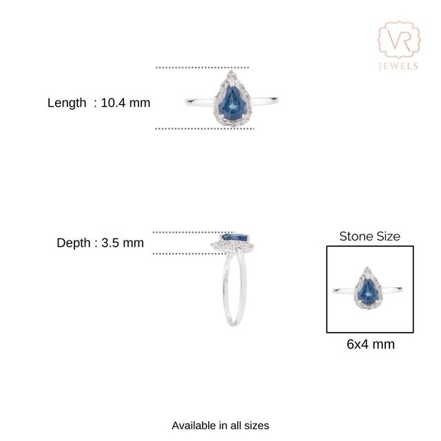 Natural Blue Sapphire Diamond Pear Engagement Ring Size 9 in 14k White Gold For Sale - Image 9 of 13