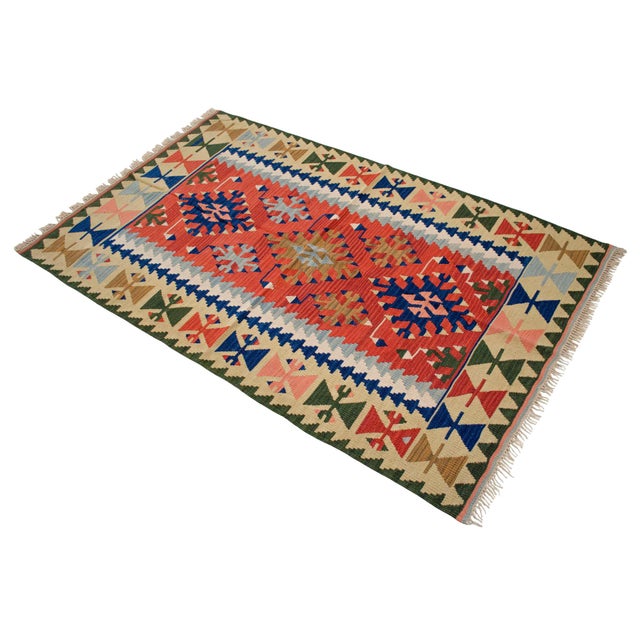 Hand-Woven Turkish Rug Flat Weave Wool Area Rug - 3'7" X 5'10" For Sale - Image 6 of 11