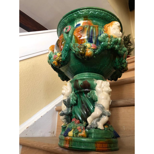 Vintage Neoclassical Glazed Ceramic Pedestal Jardiniere with Cherub Motif For Sale In Denver - Image 6 of 13