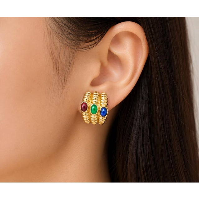 14K Yellow Gold Cabochon Ruby, Emerald & Sapphire Clip-On Earrings. These vibrant clip-on earrings feature 2 natural...