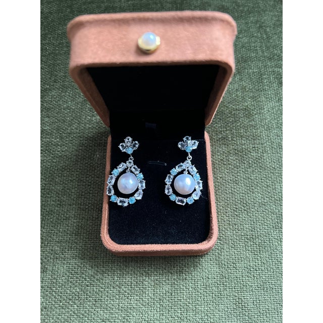 Bochic "Orient" Blue & White Topaz White Pearls Earrings Set 18K Gold & Silver For Sale In New York - Image 6 of 10