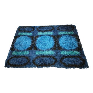 Large Danish Abstract Blue Wool Rya Rug in Ege Style, 1960s For Sale
