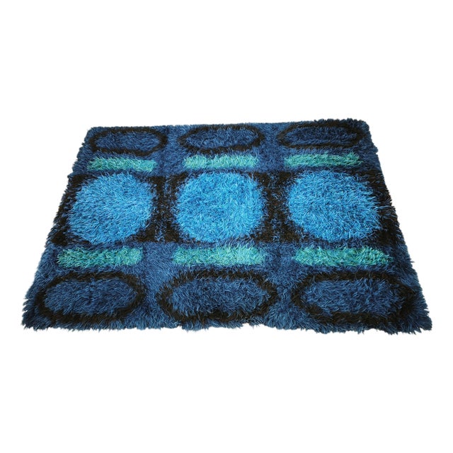 Large Danish Abstract Blue Wool Rya Rug in Ege Style, 1960s For Sale