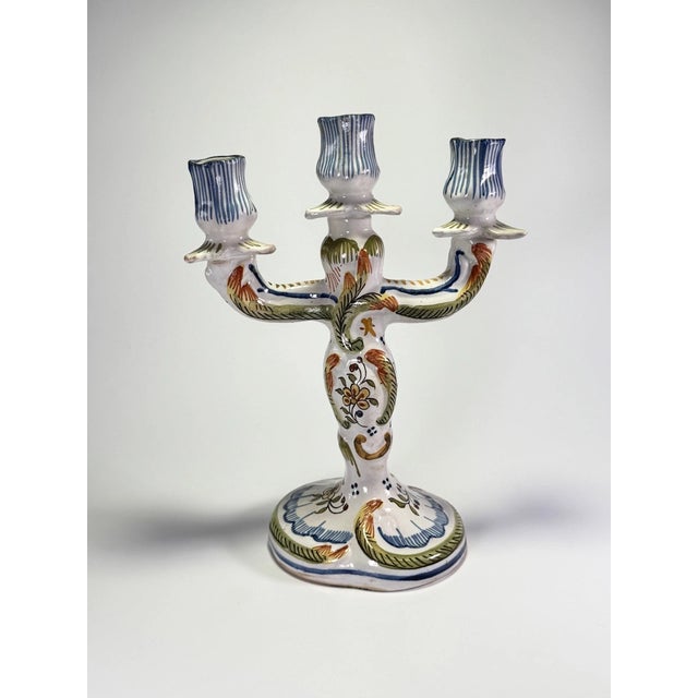 Vintage French Faience Hand Painted Ceramic Candle Holder Candelabra For Sale - Image 4 of 4