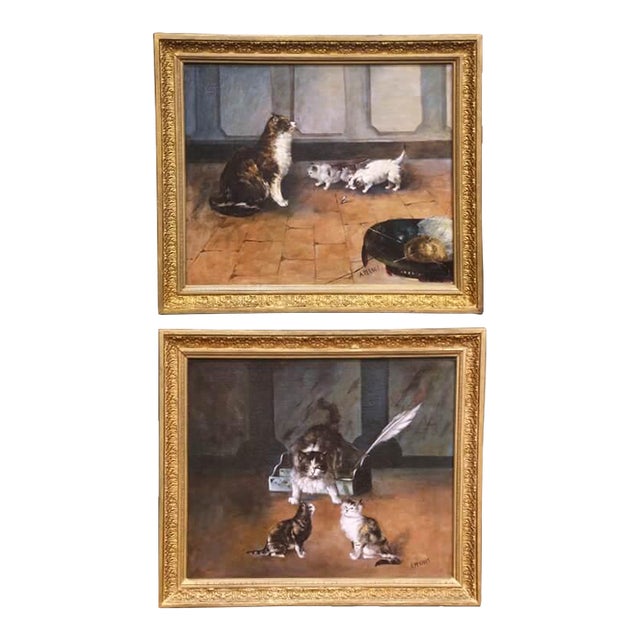 Pair of 19th Century French Pendant Cat Oil on Canvas Paintings Signed A. Pernot For Sale