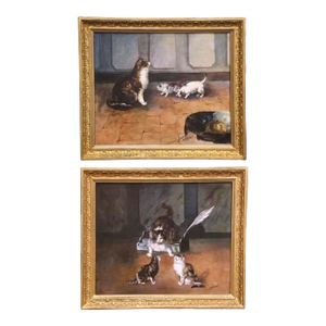 Pair of 19th Century French Pendant Cat Oil on Canvas Paintings Signed A. Pernot