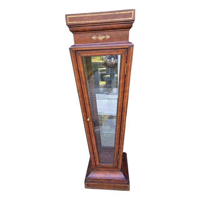 Tooled Leather Glass Display Case Curio Stand Pedestal Maitland Smith - Jacques Adnet Style For Sale