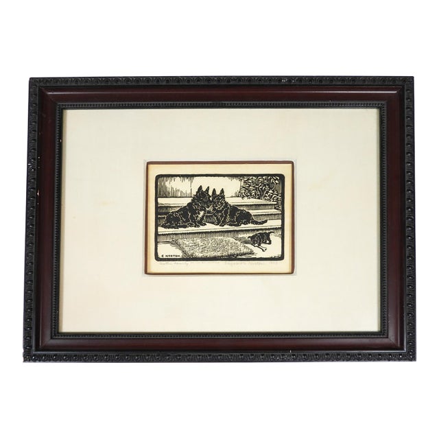 Early 20th Century Elizabeth Norton Scottie Dogs Signed Woodcut For Sale