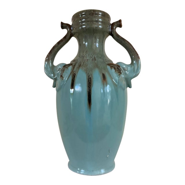 Ceramic Glazed Vase With Elephant Trunks as Handles and Writing on the Bottom of Turquois Color Vessel For Sale