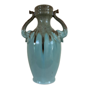 Ceramic Glazed Vase With Elephant Trunks as Handles and Writing on the Bottom of Turquois Color Vessel