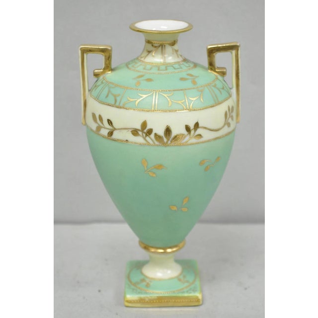 Antique Nippon Porcelain Hand Painted Windmill Scene Green Small Bolted Vase (B) For Sale - Image 10 of 15