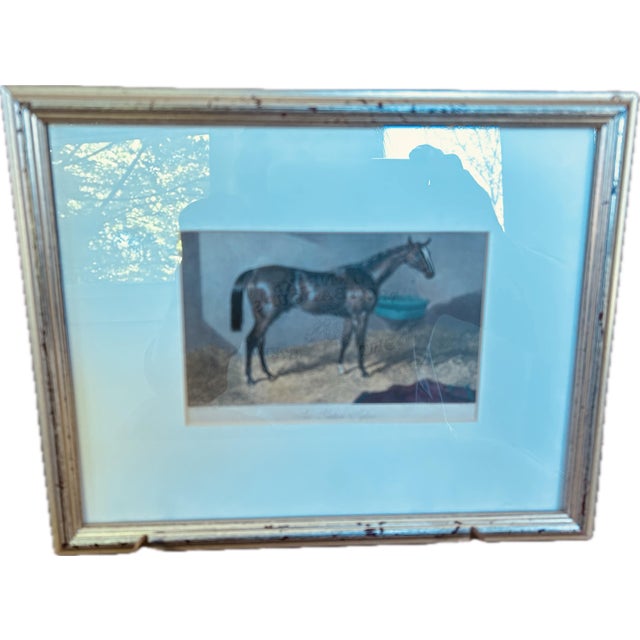 Hand colored equestrian engraving from 1818. New mat and frame from 80's. Silver wood frame measures 9"x11", engraving...
