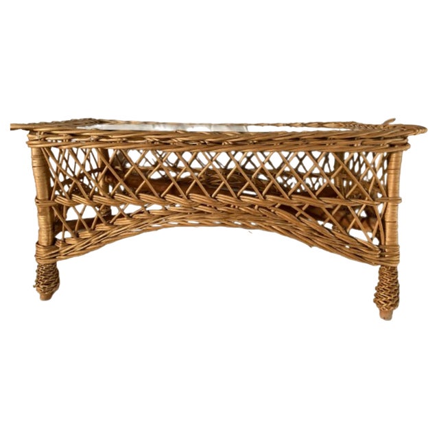 Mid-Century Rectangular Bamboo and Rattan Side Table with Glass Top, Italy, 1970s For Sale