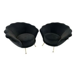 Pair of 1960s Scalloped Velvet and Brass Lounge Chairs For Sale