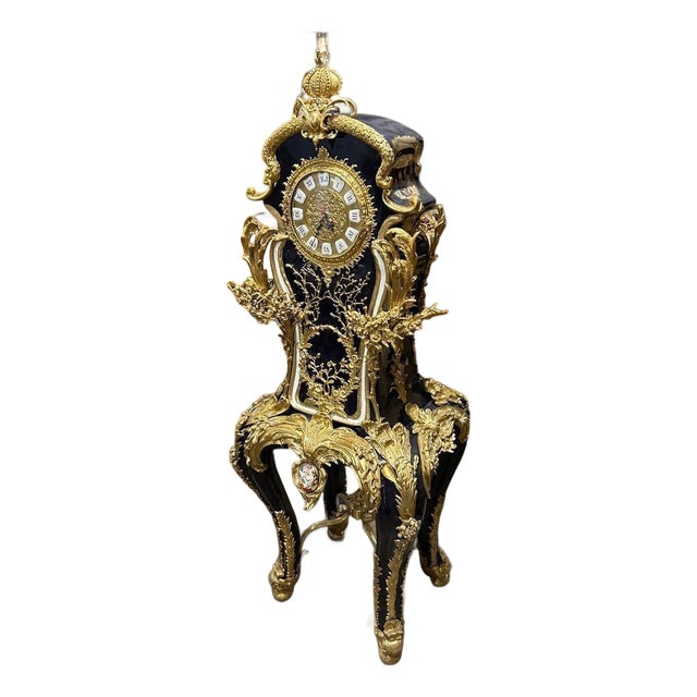 French-Style Ornamental Clock with Gold Leaf Detailing, Royal Dark Blue Finish For Sale