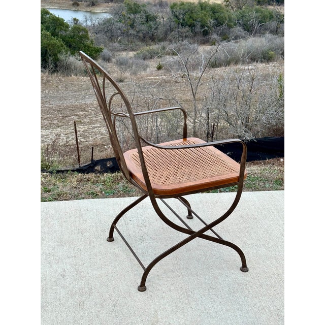 Vintage Drexel Heritage Bronze Wrought Iron, Wood, Woven Cane Set of Four Arm Chairs For Sale - Image 10 of 14
