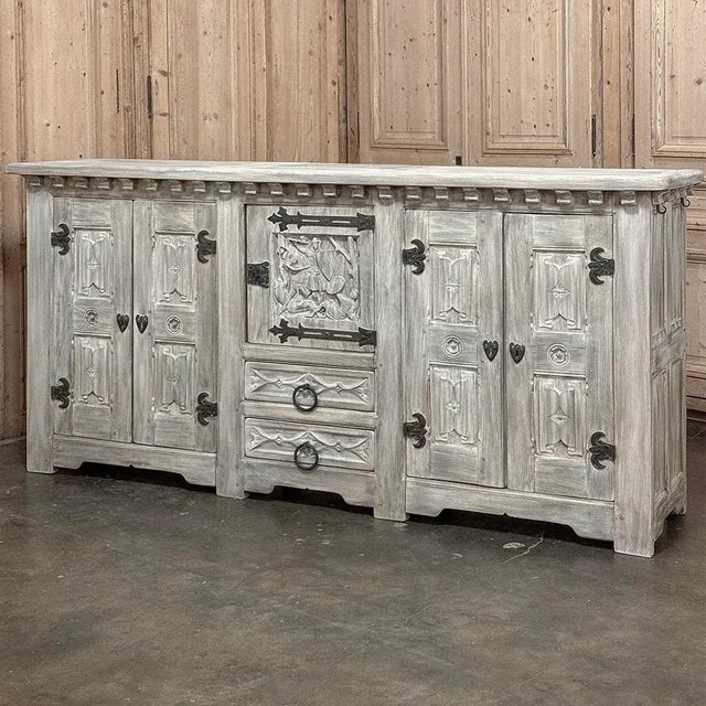 Gothic Antique Grand Normandy Rustic Gothic Revival Whitewashed Buffet For Sale - Image 3 of 14